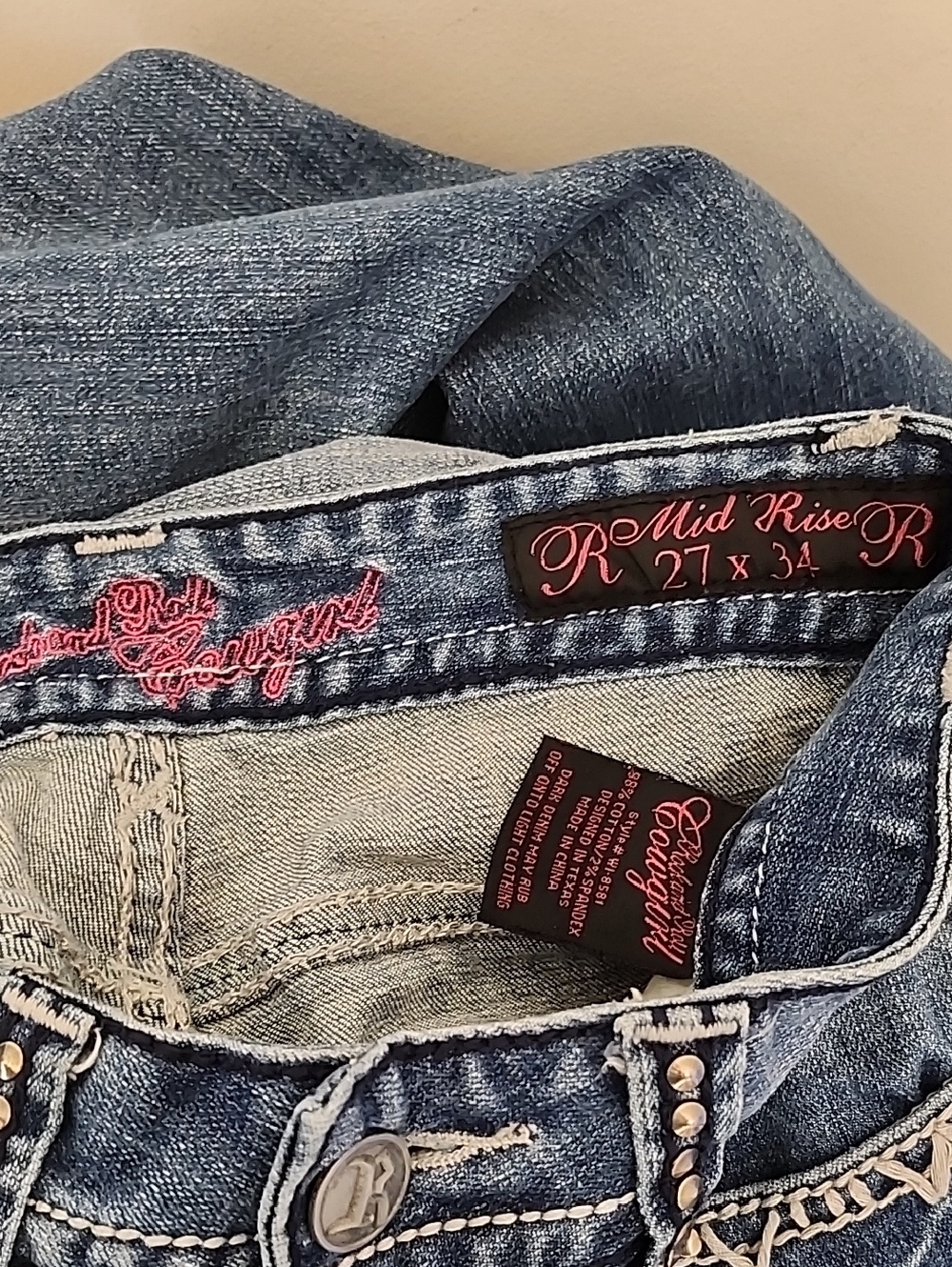 Rock & Roll Cowgirl Y2K Women's Dark Blue Studded Bootcut Jeans Size 27 - Picture 15 of 16